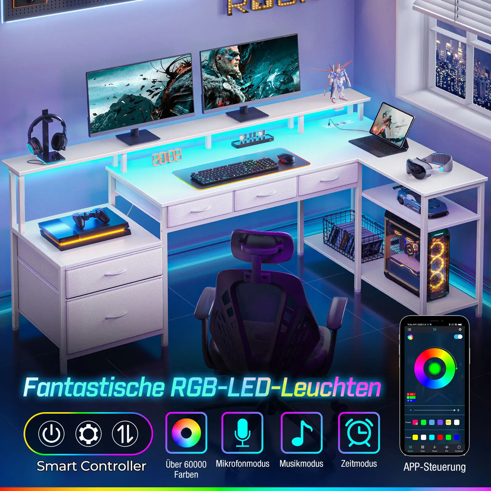 Rolanstar L-förmiger Computerarbeitsplatz mit USB-Anschlüssen ...