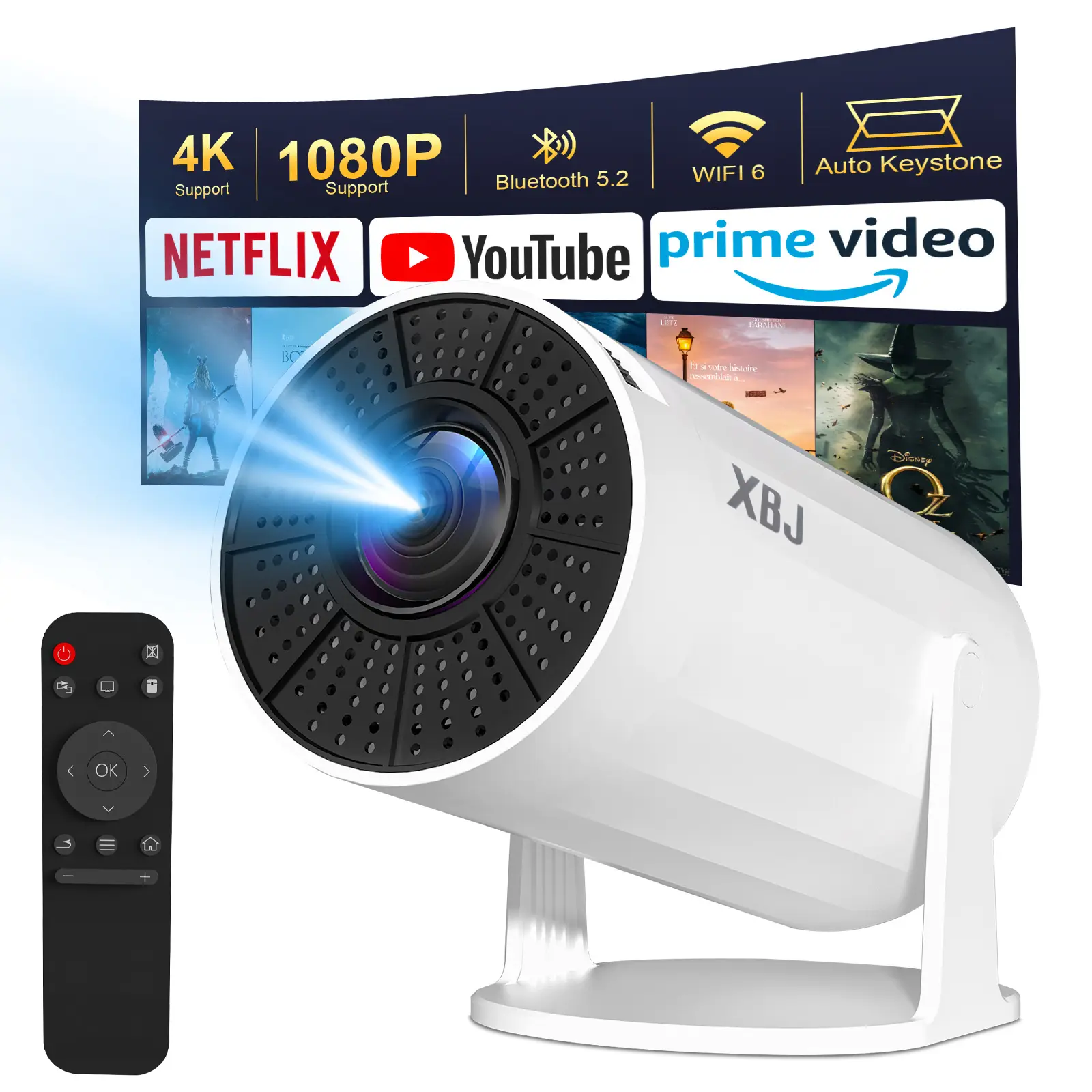 Mini-projector [geïntegreerde app] Draagbare beamer 4K UHD WiFi 6 BT5.2 Home Theater Draagbare Keystone-film compatibel met iOS/Android/TV Stick/PS5/Xbox Lage latentie tot 180 graden draaibaar
