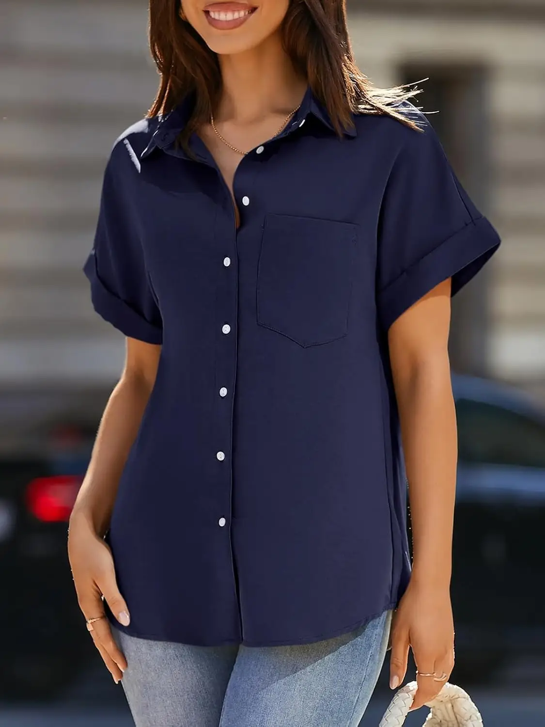 Women's Short Sleeve Shirts V Neck Collared Button Down Shirt Tops with ...