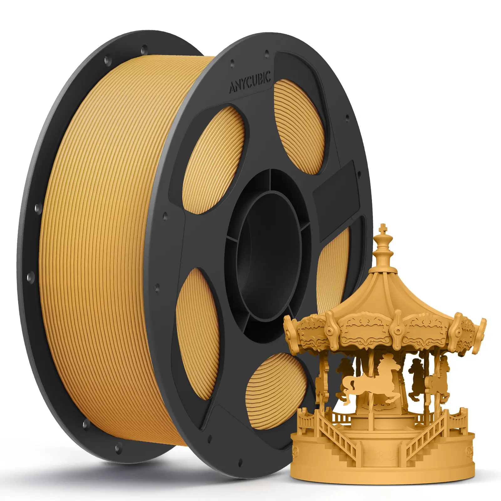 Anycubic PLA Basic Gold 1kg Filament with printed carousel model