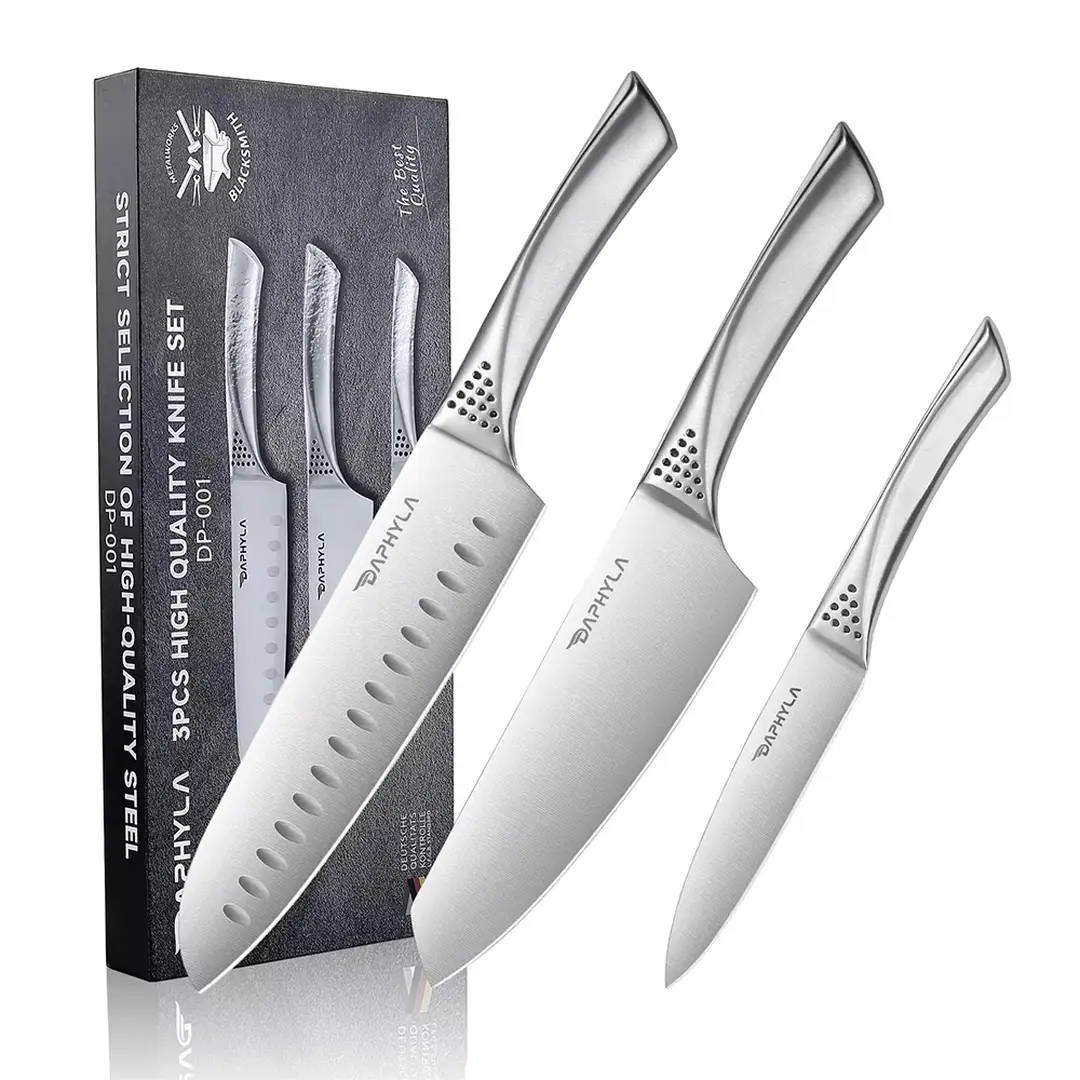 DAPHYLA Set de Couteaux de Cuisine Professionnels en Acier Inoxydable - Couteau de Chef, Santoku et Utilitaire, Lot de 3