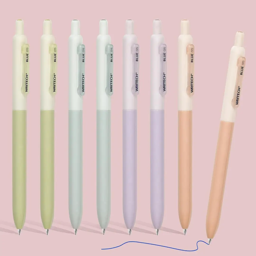 WRITECH Gelstift, feine Spitze, 0,5 mm, blaue Tinte, leises Klickgeräusch, extra fein, nicht auslaufen, nicht verwässern, flüssige Schreibweise, 8er-Pack, Bullet-Tip, ideal für Journaling