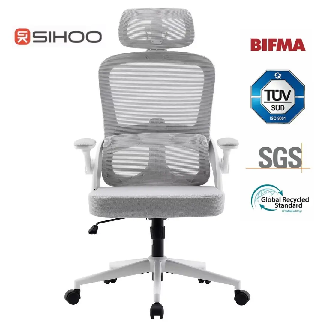 Sihoo M102C ergonomischer Netzbürostuhl, hohe Rückenlehne mit 3D-Armlehnen, höhenverstellbare Lendenstütze, drehbar, weißes Gestell und hellgraues Mesh