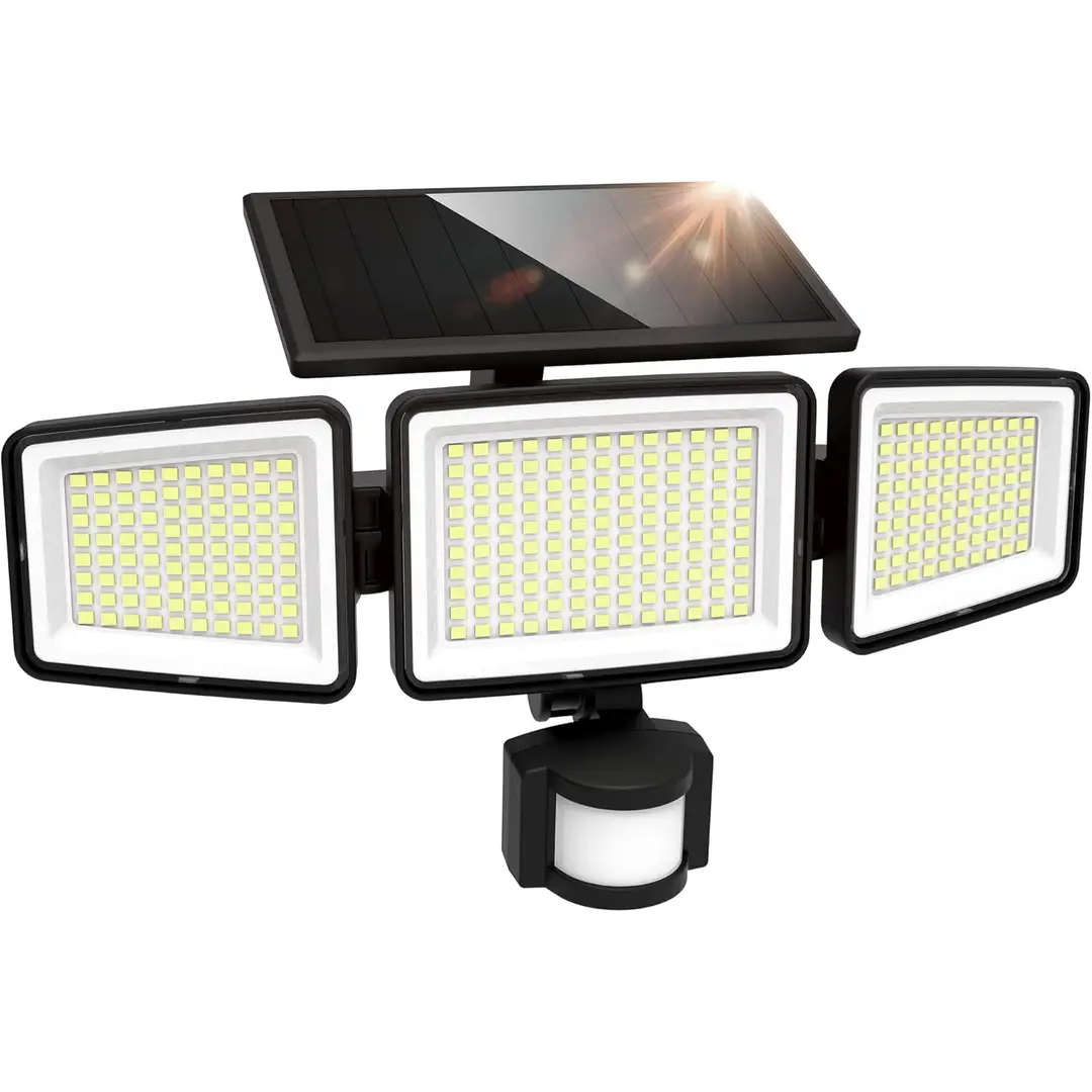 UME Solarleuchten für den Außenbereich 302 LED 3000LM, IP65 wasserdicht mit Bewegungssensor, 3-köpfige Solar-Sicherheitsstrahler, 270° breiter Beleuchtungswinkel mit 3 Modi für Garten, Terrasse, Hof
