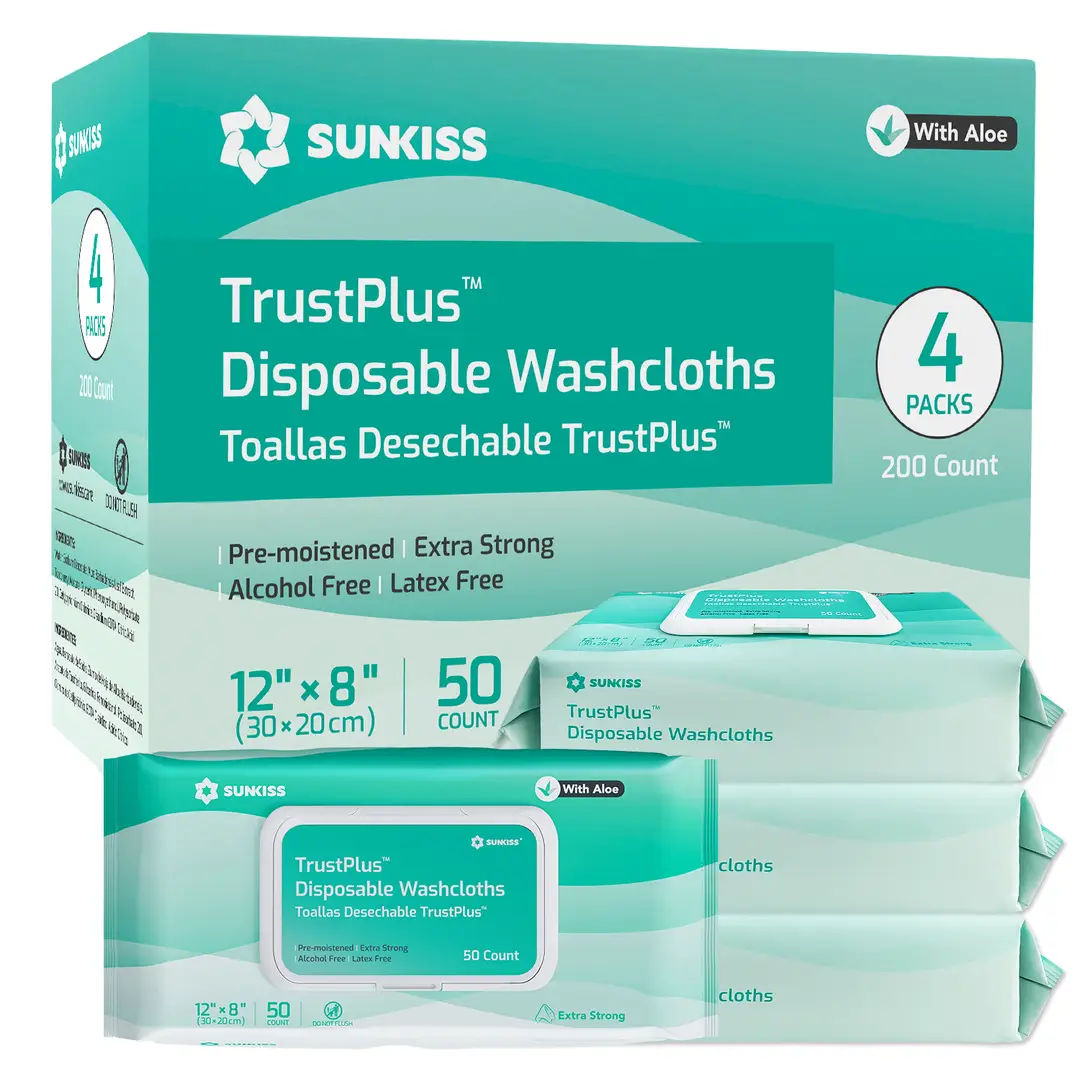SUNKISS Trustplus Wet Wipes for Adult No Rinse, Extra Large 8”x12” Body Cleaning Washcloths for Elderly Incontinence & Cleansing, Unscented, 200 Count (4 Packs of 50)