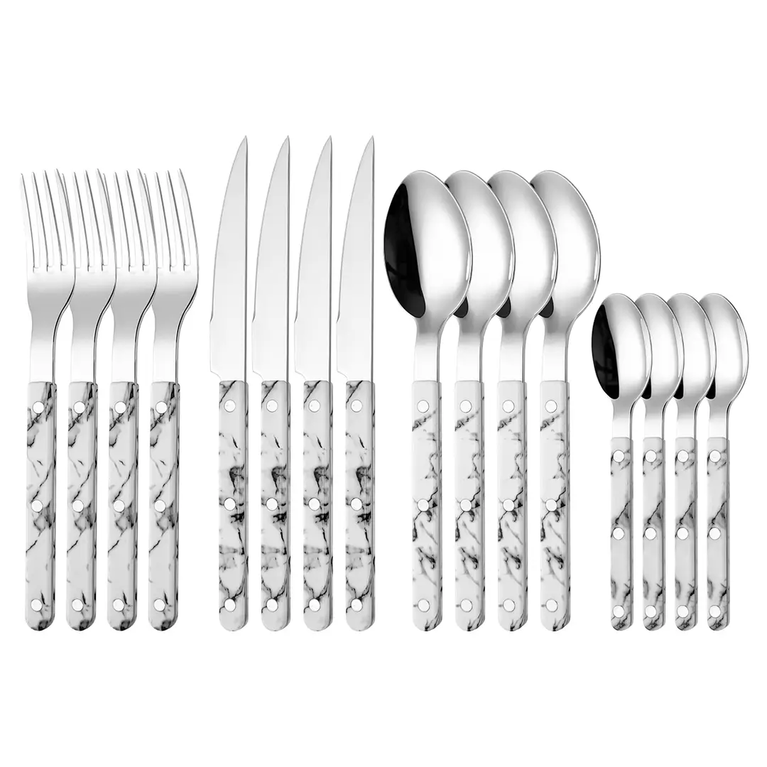 Fangyuan 16-teiliges Besteck-Set Marmor-Silber Edelstahl mit Messer, Gabel, Löffel, hochwertiges Edelstahl-Besteck, spülmaschinenfestes Küchenset S286