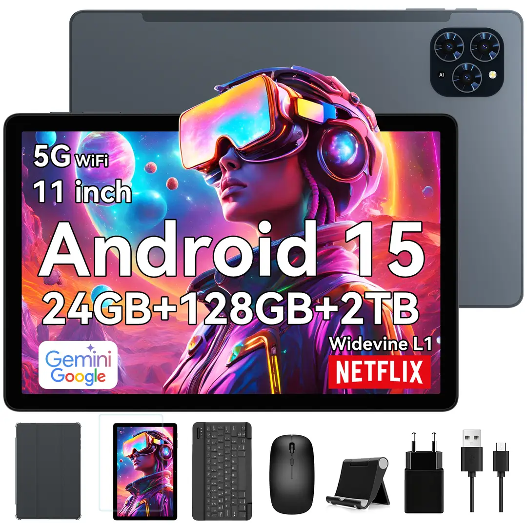 TABWEE T90 Tablet Android 16 11 Inch, 24GB (8+16) RAM + 128GB ROM (2TB TF), 5G WiFi, met pen/muis/toetsenbord, 8000mAh/16MP+8MP/Widevine L1/Gemini AI