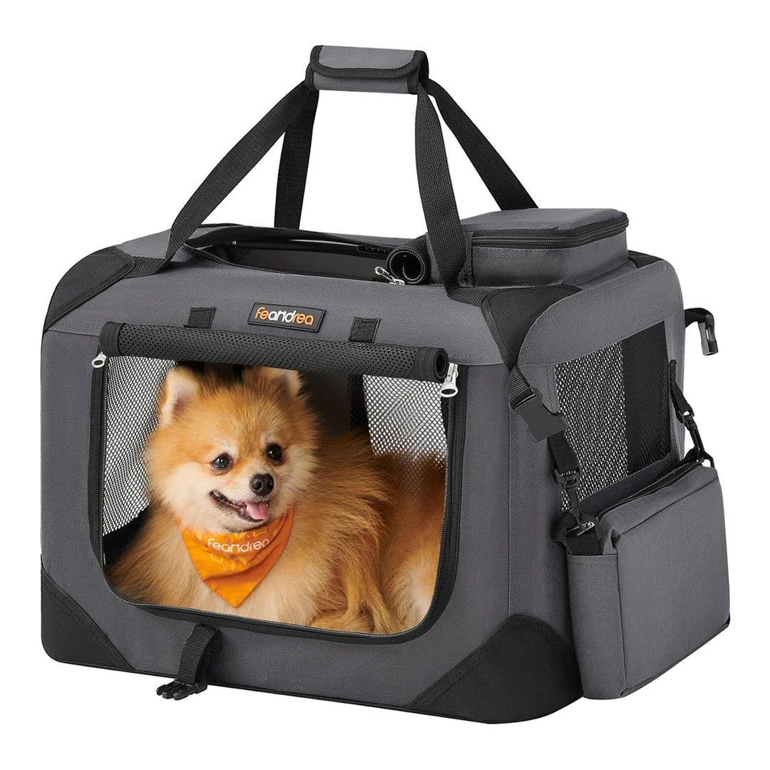 Feandrea PDC50G01 opvouwbare hondentransportbox, S, hondentas, Oxford stof, mesh, ademend, draagbaar, metalen frame, met handvatten, zakken, 50 x 35 x 35 cm, grijs