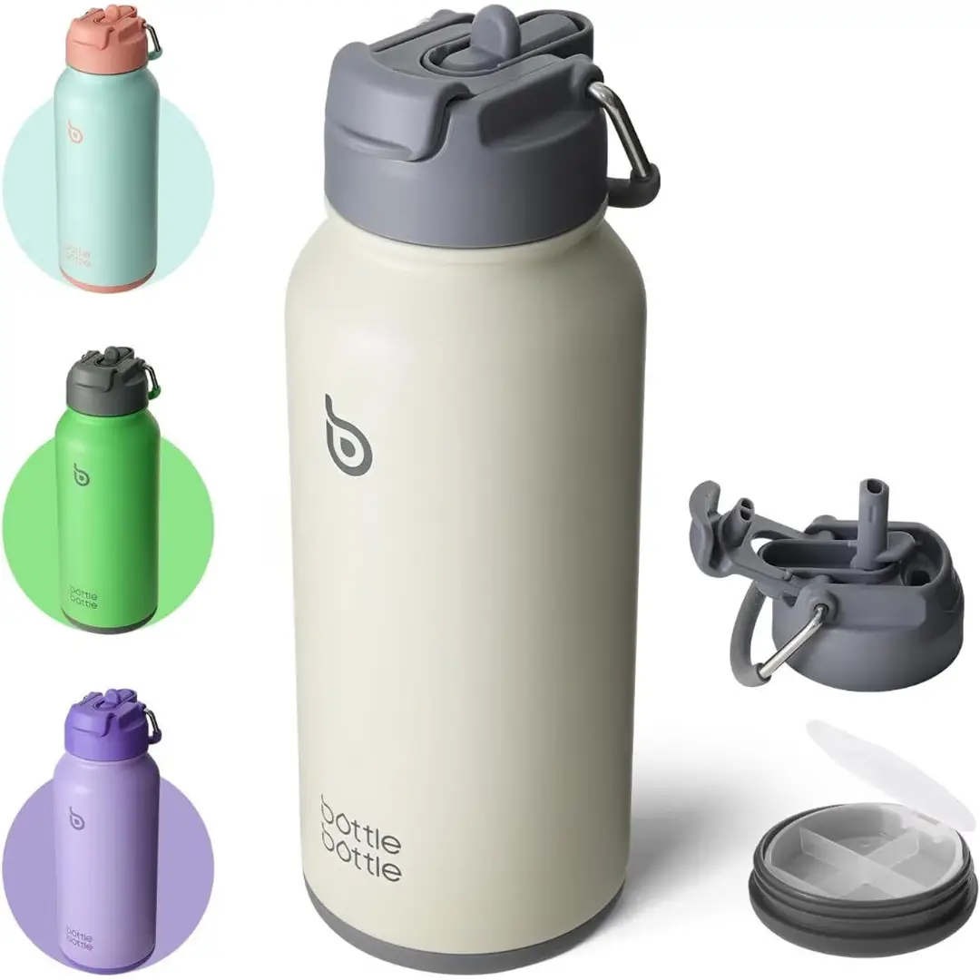 Bottle Bottle Gourde en acier inoxydable gris avec bouchon 2-en-1 à paille et compartiment à pilules - 950 ml