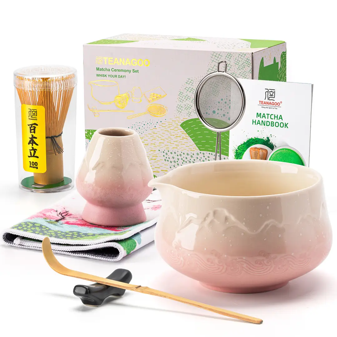 TEANAGOO 7-teiliges Matcha-Set, Pinkes Matcha-Kit, Zeremonie Matcha-Pulver Kit, Matcha-Teeset für die Zubereitung von Latte, Matcha-Besen und Schale mit Löffel & Sieb, Fuji-Design Keramikschale, Geschenk für Matcha-Liebhaber, Neujahrsangebot, Top-Geschenkempfehlungen