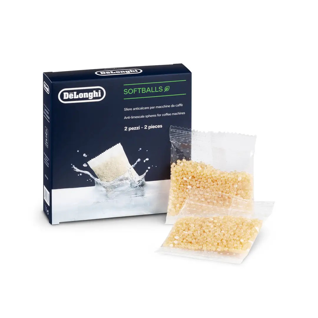 De’Longhi SoftBalls DLSC551 – Antikalk-Kügelchen， geeignet für Kaffeemaschinen mit Wassertank， Kalkreiniger & Wasserenthärter， Zubehör von De’Longhi， 2 Beutel， Weiß