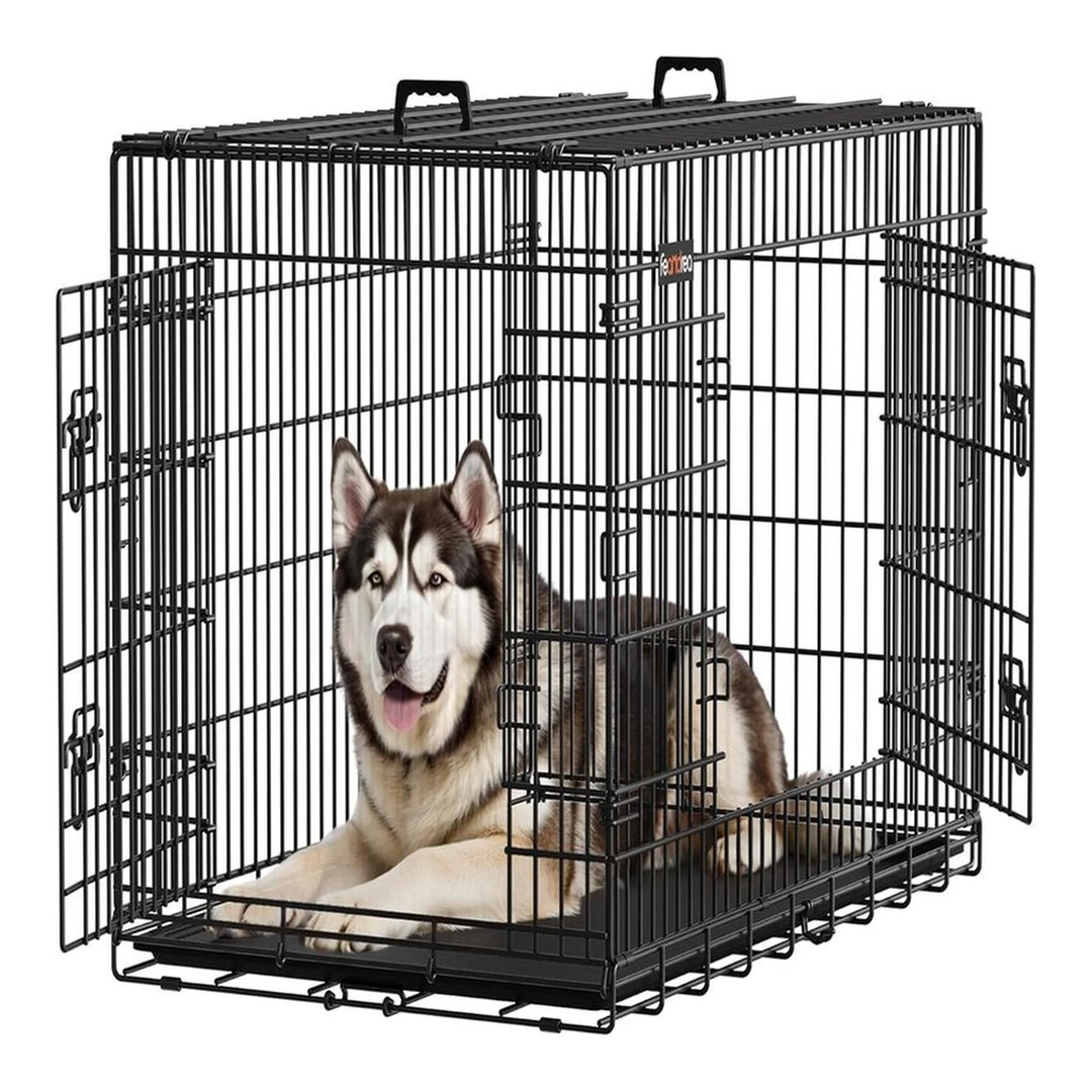 Feandrea PPD48H opvouwbare hondenbench met 2 deuren, uitbreidbaar kunststof bakje, 122 x 74,5 x 80,5 cm, XXL, zwart