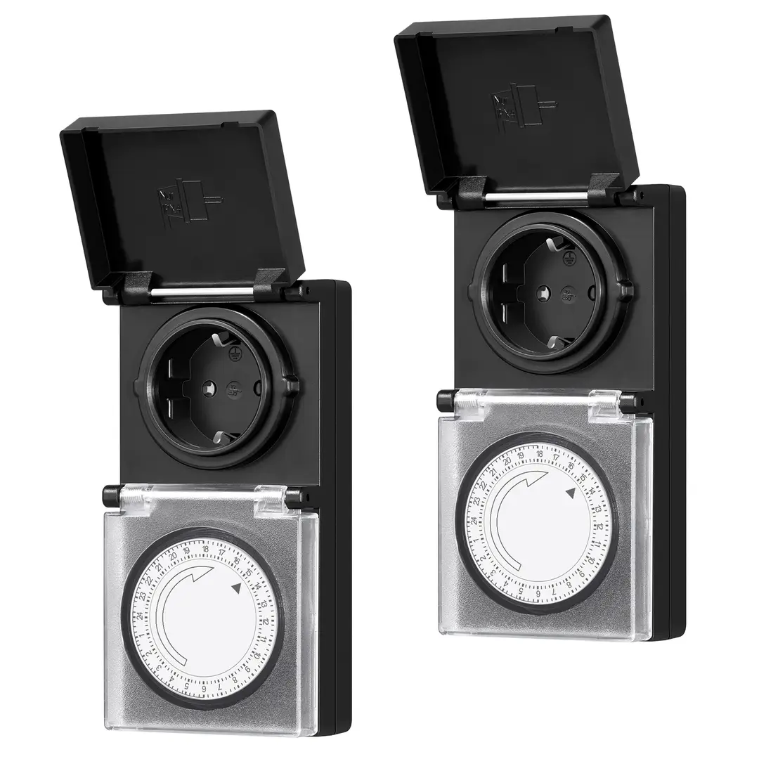 Dewenwils mechanische analogene tijdschakelaar voor buiten, IP44 waterdicht, 15 min. interval, met kinderbeveiliging en beschermkapje, 16 A/3680 W, set van 2