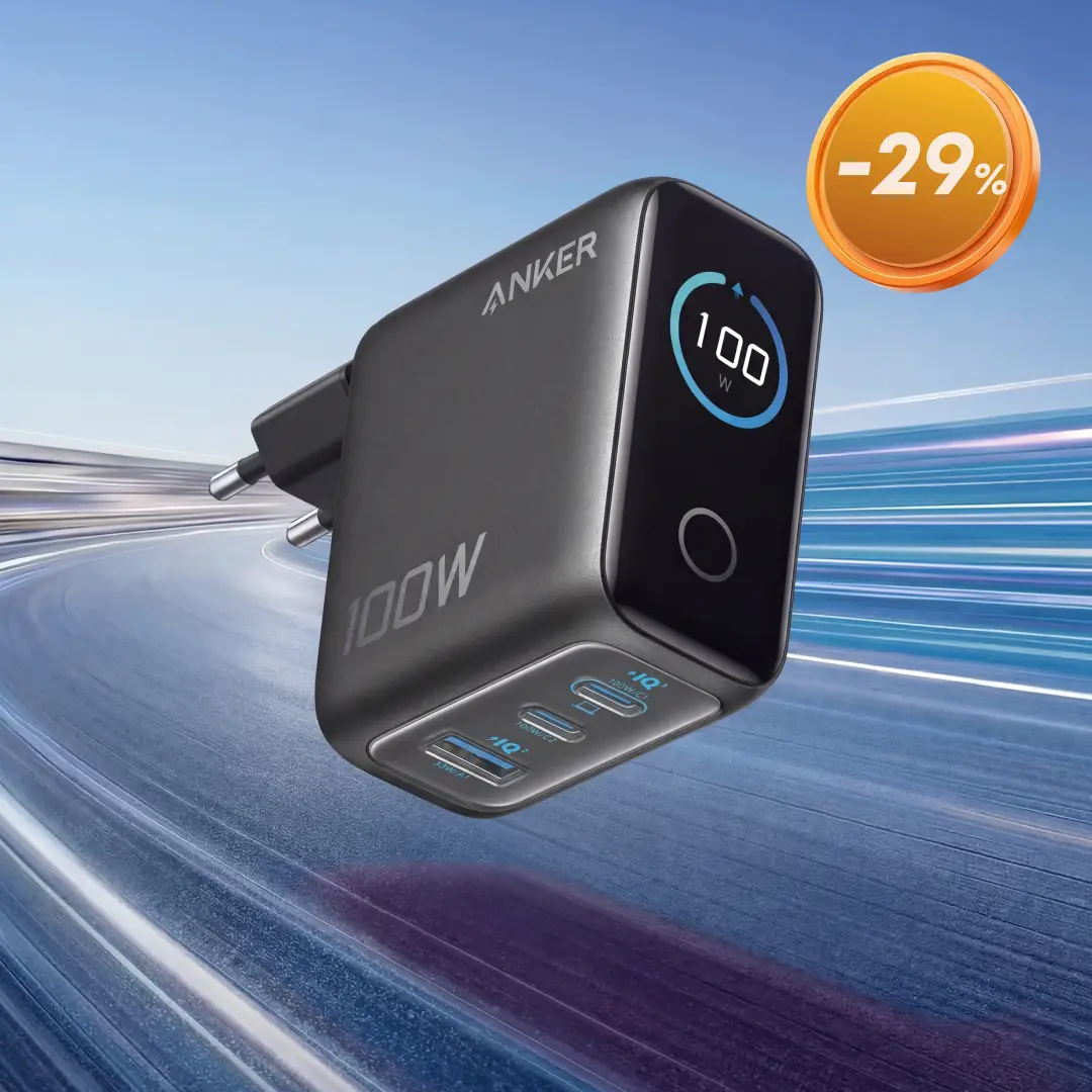 Anker Ladegerät (100 W, 3 Anschlüsse, Intelligentes Display) Touch-Steuerung, für MacBook, iPad sowie iPhone 17/16/15-Serien (inkl. USB-C-Kabel)