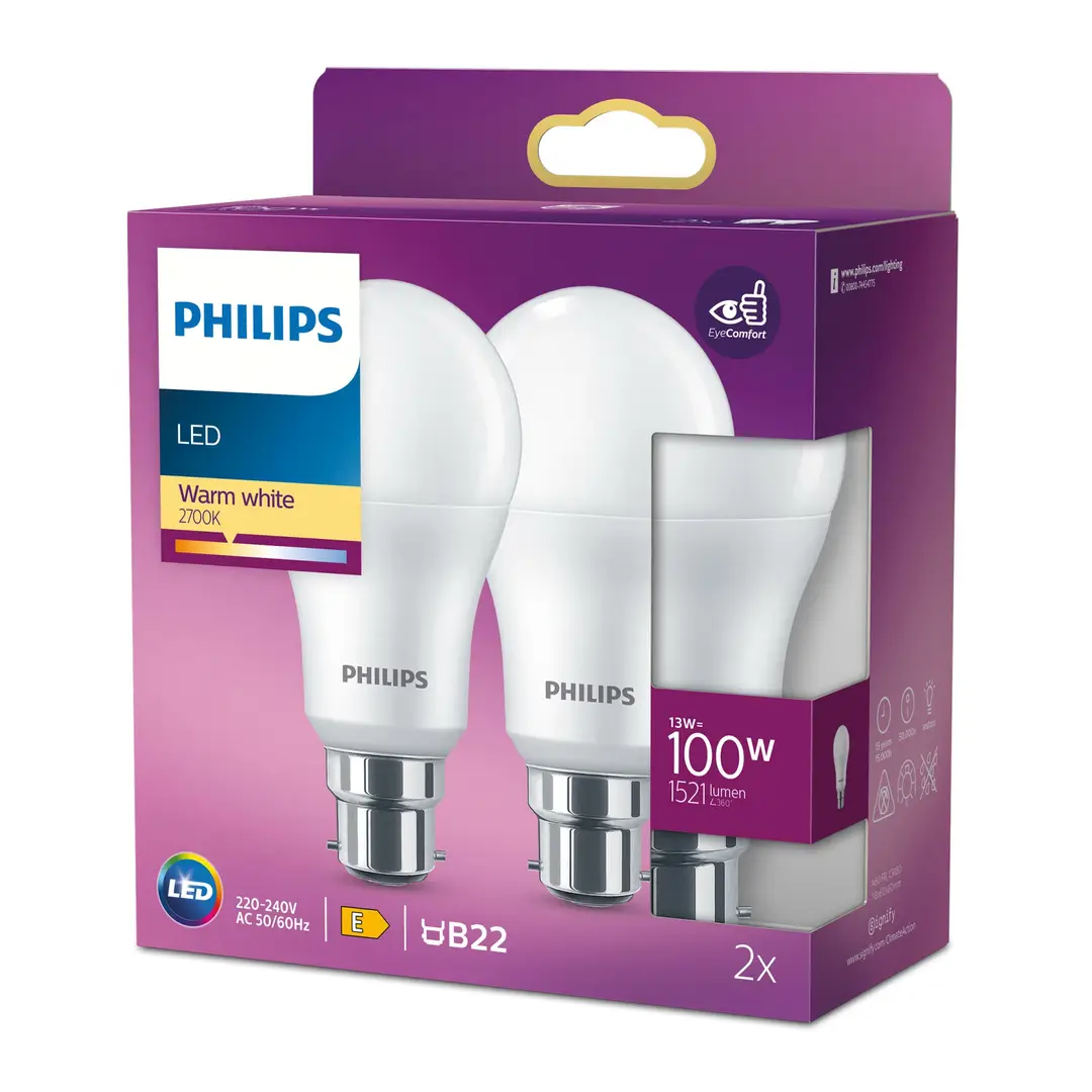Philips Light Bulb LED Globe Frosted Bayonet B22 Warm White 100W Non-Dimmable 2pcs