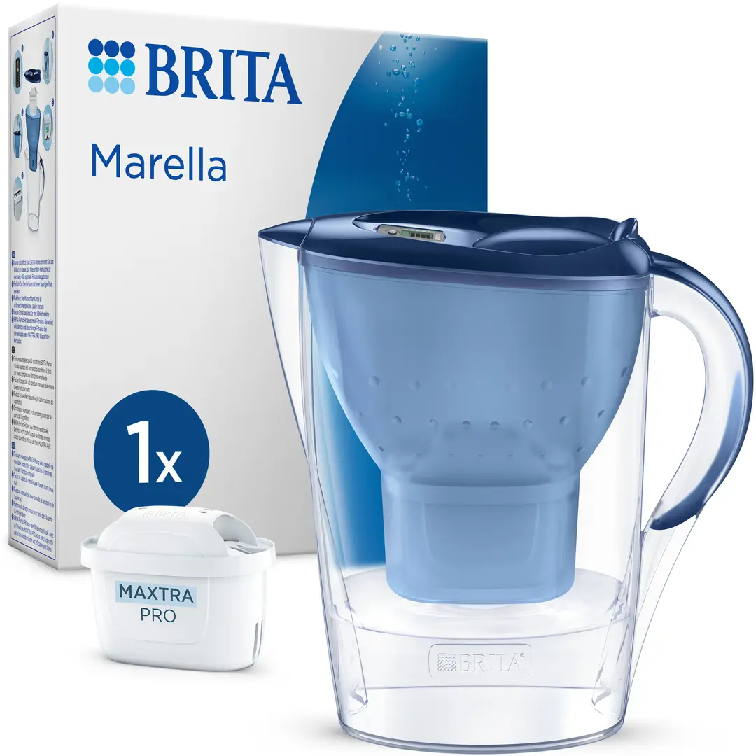 Brita Marella Water Filter Jug Blue (2.4L) incl. 1x MAXTRA PRO Pure Performance cartridge - fridge-fitting pitcher with digital LTI and Flip-Lid reduces chlorine， limescale and impurities