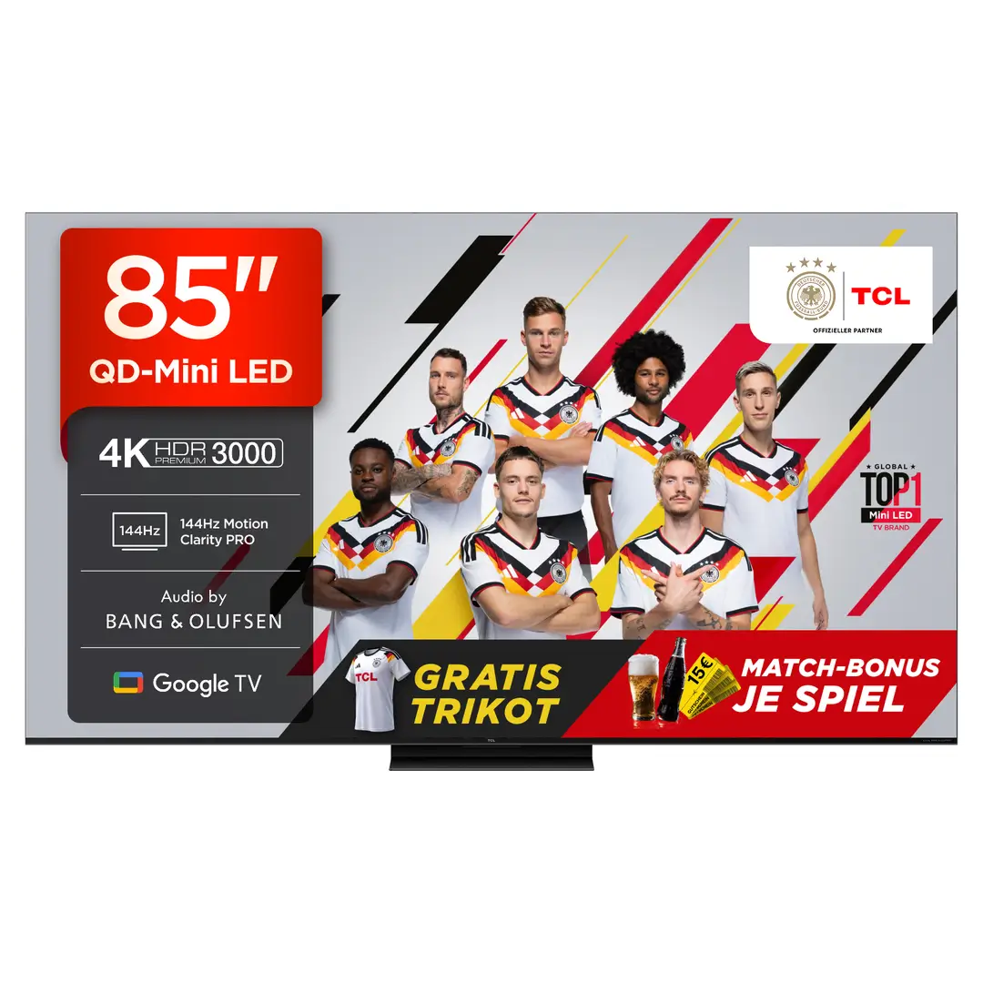 TCL 85Q7C QLED Mini LED Fernseher, 85 Zoll, 4K HDR Premium, Dolby Vision IQ & Atmos, Smart TV mit Google TV, Bang & Olufsen 6.2.2 Sound, 144Hz VRR, AMD FreeSync Premium Pro, HDMI 2.1, AirPlay 2, Alexa, IMAX Enhanced