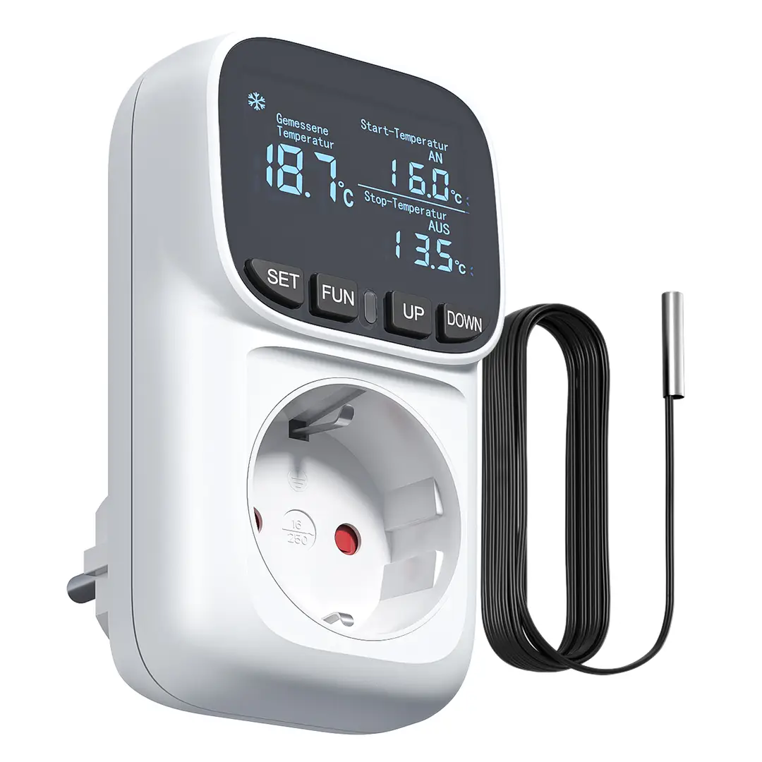 Dewenwils digitale temperatuurregelaar met stekker, 230 V thermostaat met sensor, verwarmings- en koelmodi, voor kwekerij, terrarium en koelkast