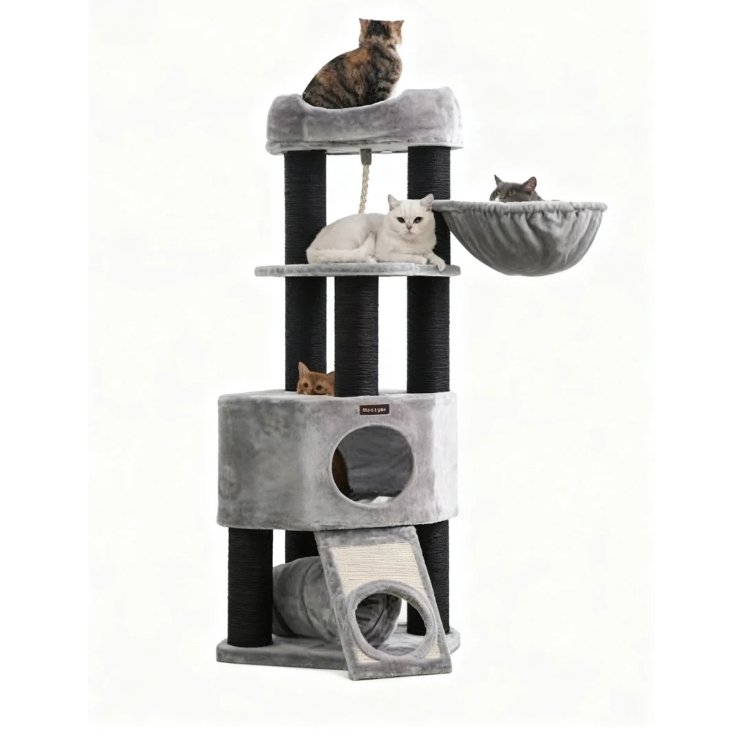Feandrea Grand arbre à chat avec panier-perchoir en peluche, transat, grotte douillette et poteaux épais en sisal - Gris clair