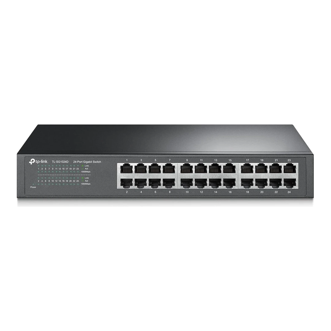 TP-Link TL-SG1024D 24-Port-Gigabit-Netzwerkswitch (Rackmount, 48 Gbit/s Switching-Kapazität, 24 RJ-45 Ports, Metallgehäuse, IGMP-Snooping, unmanaged, Plug-and-Play) schwarz