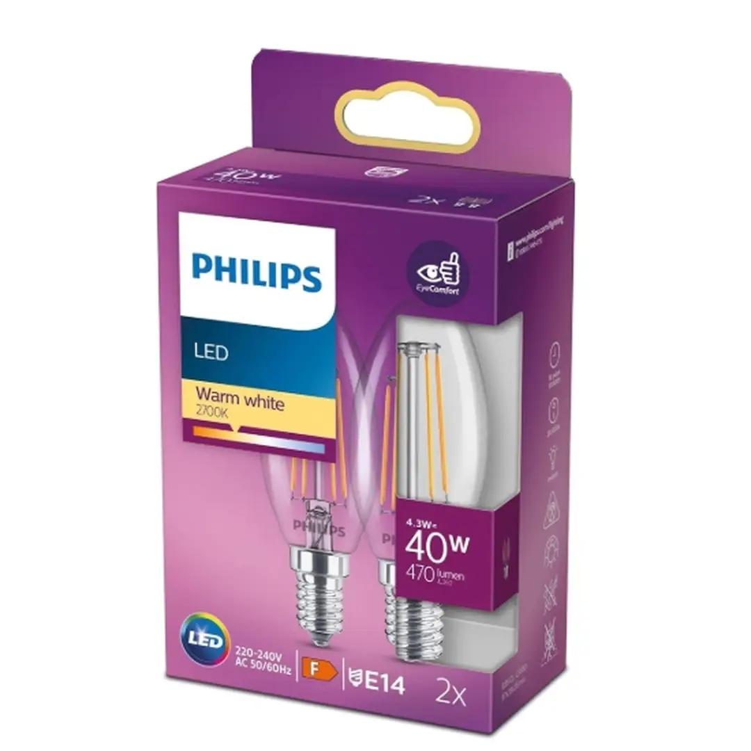 Philips Light Bulb LED Candle Filament Screw E14 Warm White 40W Non-Dimmable