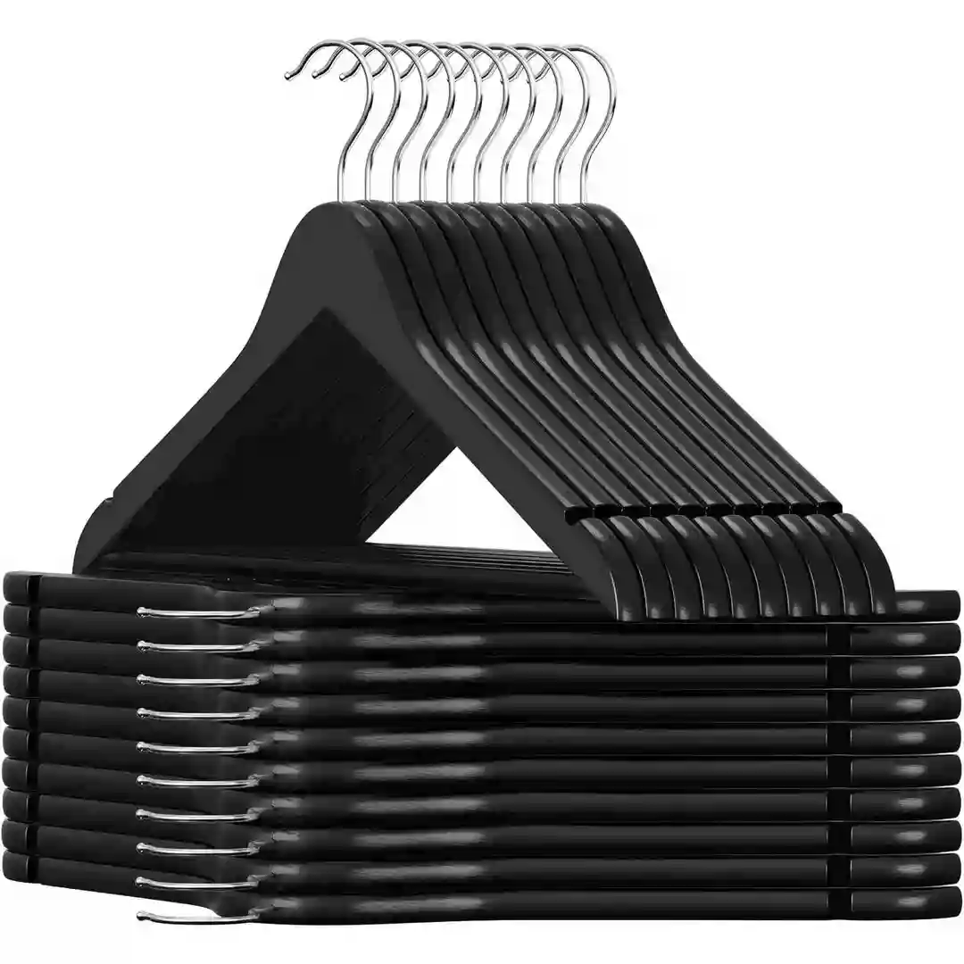 SONGMICS 20 stuks houten kledinghouders voor pakken overhemden schoudersnoten 360° haak zwart zilver