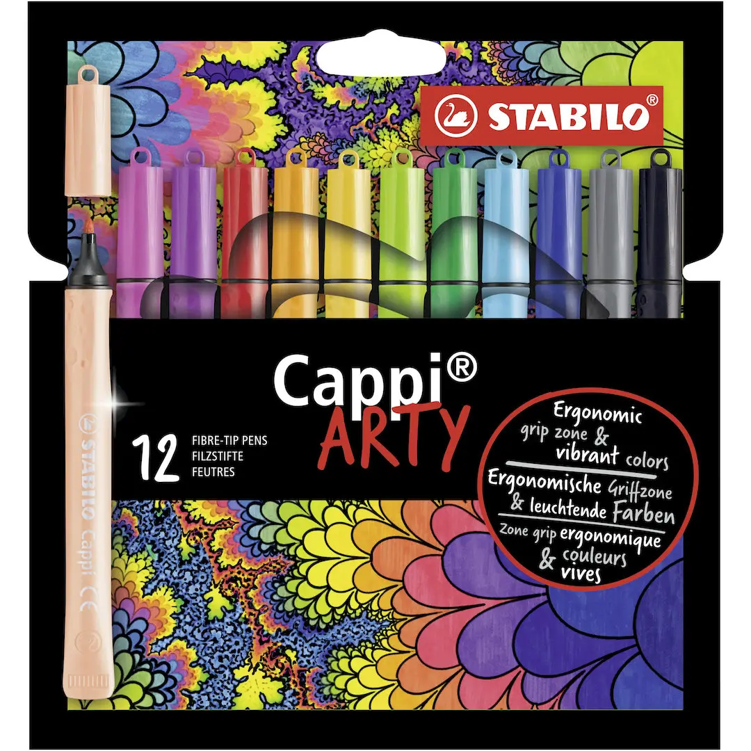 STABILO Cappi - Fibre-Tip Pen with Cap-Ring - ARTY - Pack of 12 - Assorted Colours with 1 Cap-Ring