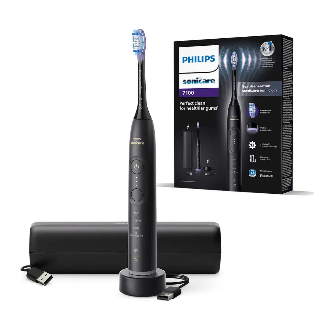 Philips Sonicare 7100 Electric Toothbrush – Pressure Sensor, 4 Modes, 2-Minute Timer – Black, HX7421/01