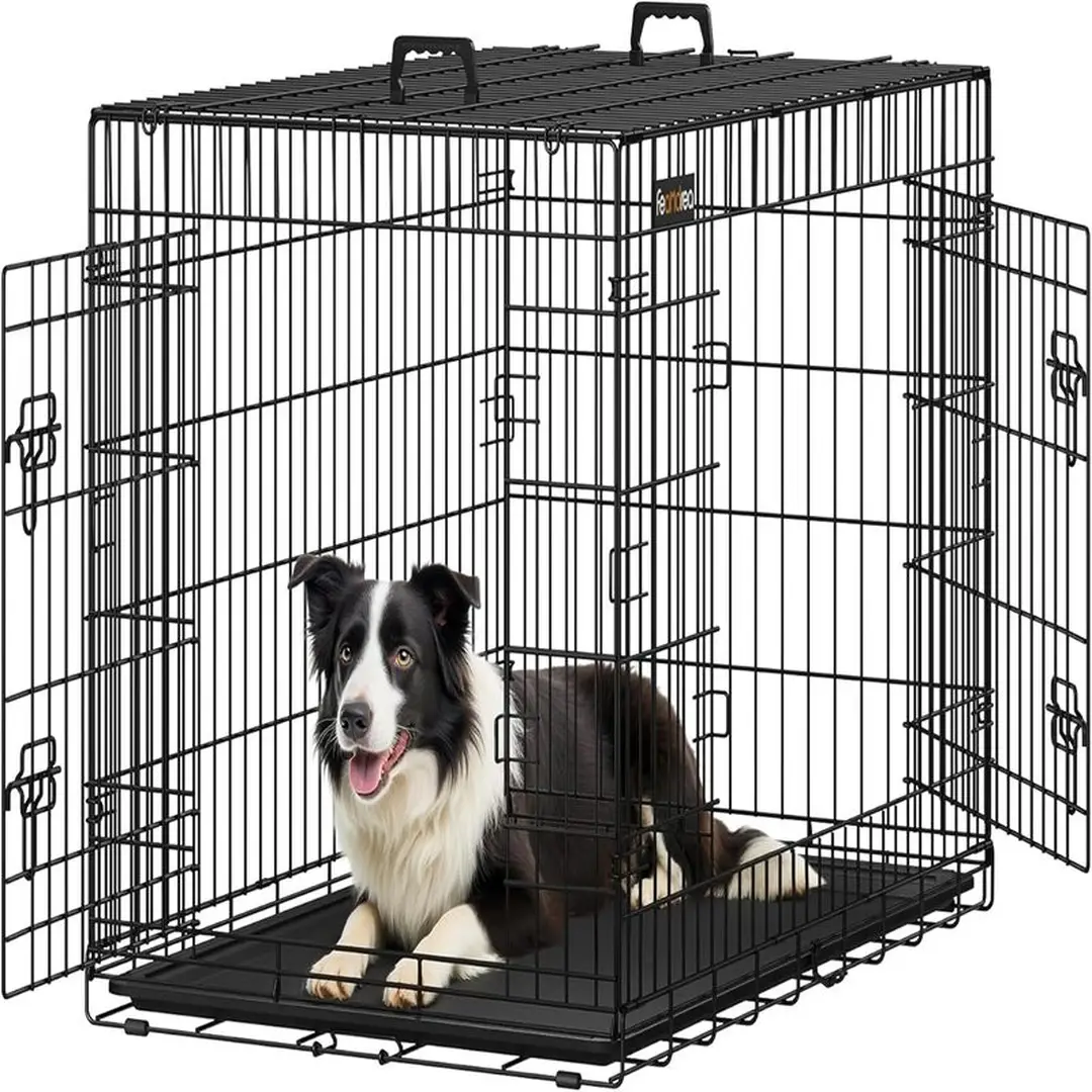 Feandrea PPD42H Opvouwbare Hondenbench met 2 Deuren, Uitbreidbare Kunststof Bak, 107 x 70 x 77,5 cm, XL, Zwart