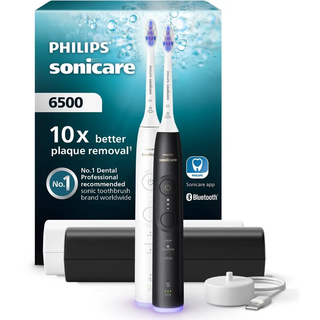 Philips Sonicare 6500 Series - Elektrische Tandenborstel - Zwart & Wit - Duopack - Reisetui - Gevoelige tanden - HX7419/01 
