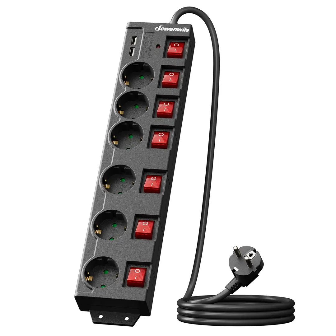 Dewenwils Multiprise 6 prises avec 2 ports USB, interrupteur individuel, grande distance entre les prises, orientation 90°, protection contre les surcharges et sécurité enfant, 3680 W/16 A, câble 2 m, noir