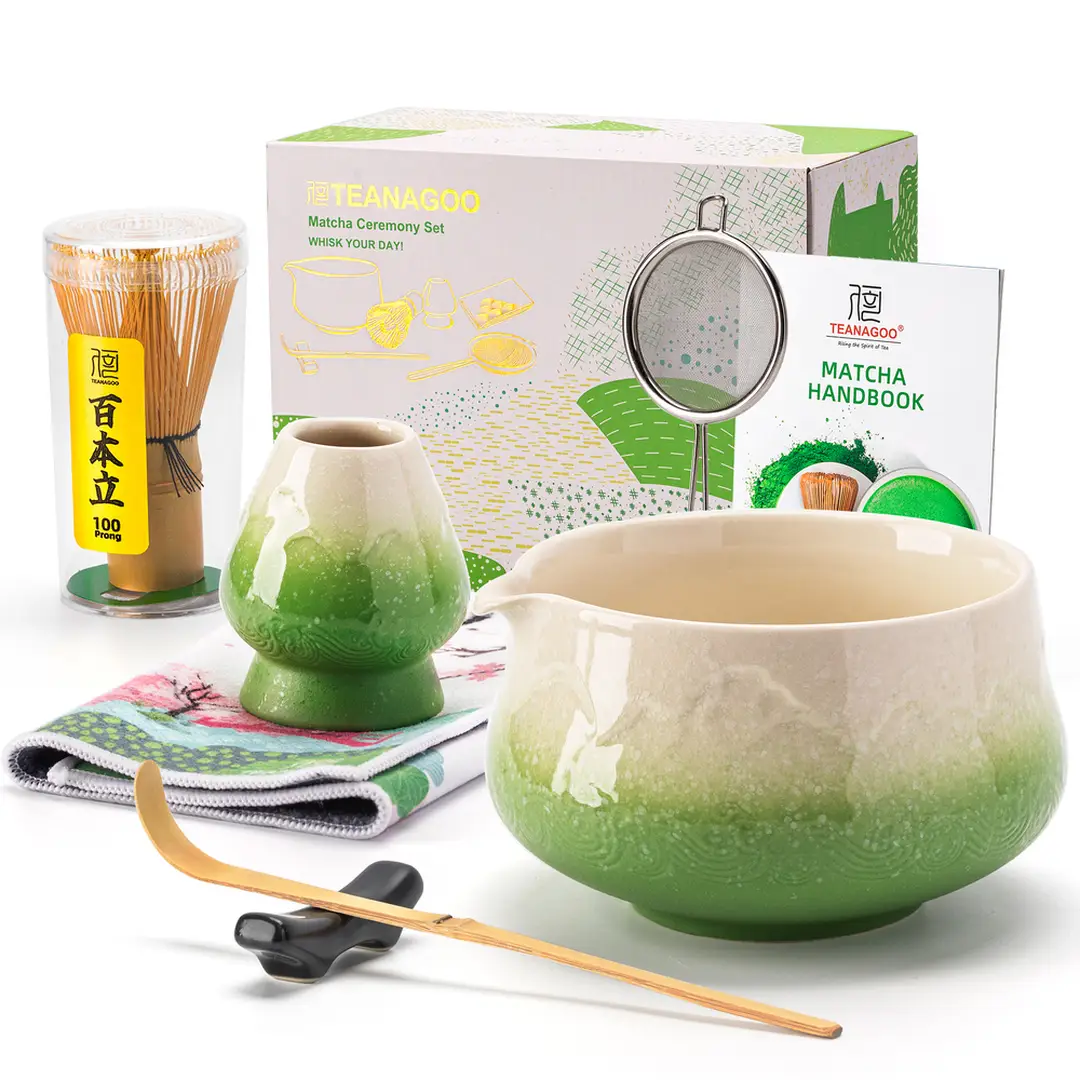 TEANAGOO 7-teiliges Matcha-Set, Grünes Matcha-Besen-Set, Zeremonie Matcha-Pulver Kit, Matcha-Teeset für die Zubereitung von Latte, Matcha-Besen-Set und Schale mit Löffel & Sieb, Fuji-Design Keramikschale, Geschenk für Matcha-Liebhaber, Neujahrsangebot, Top-Geschenkempfehlungen