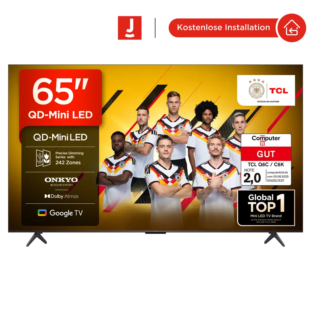 TCL 65Q6C QLED Mini-LED-Fernseher, 65 Zoll, 4K HDR Premium, Dolby Vision IQ & Atmos, Onkyo 2.1 Sound, Smart TV mit Google TV, Game Master, 144Hz Motion Clarity Pro, AMD FreeSync Premium Pro, HDMI 2.1, AirPlay 2, Google Assistent & Alexa
