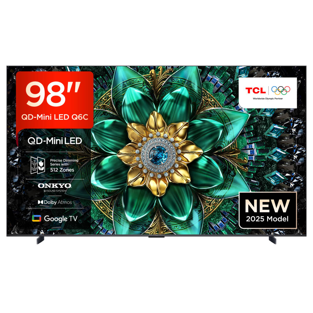 TCL 98Q6C QLED Mini LED Fernseher, 98 Zoll, 4K HDR Premium, Dolby Vision IQ & Atmos, Onkyo 2.1 Sound, Google TV, Smart TV, Game Master, 144 Hz, FreeSync Premium Pro, HDMI 2.1, AirPlay 2, Alexa & Google Assistant