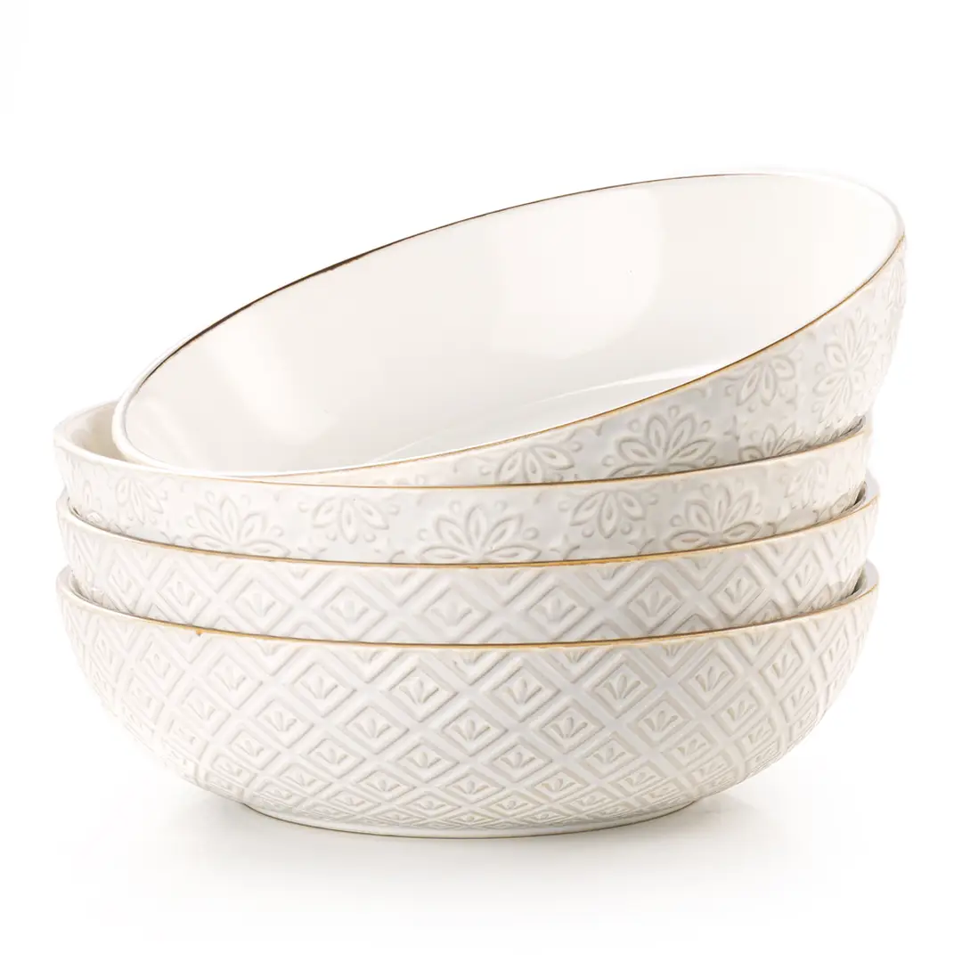 Dafuceramic 8.5Inch Pasta Bowls, 36OZ Serving Bowls, Salad Bowls Set of 4 Ceramic Sturdy & Stackable, Ideal for Housewarming, Festivals,Multicolor,White