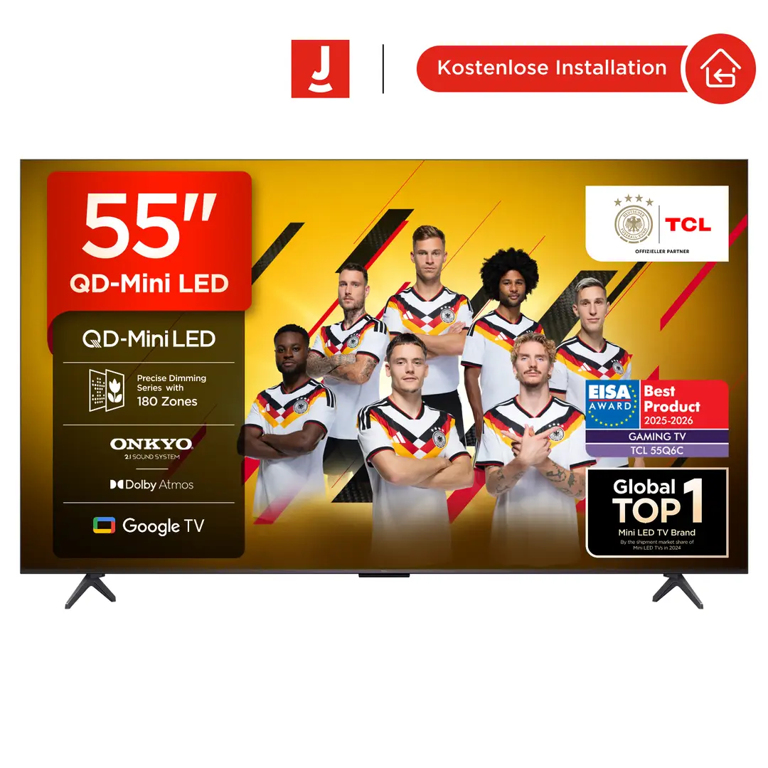 TCL 55Q6C QLED Mini LED Fernseher, 55 Zoll, 4K HDR Premium, Dolby Vision IQ & Atmos, Onkyo 2.1 Sound, Smart TV mit Google TV, Game master, 144Hz Motion Clarity Pro, AMD FreeSync Premium Pro, HDMI 2.1, AirPlay 2, Google Assistant & Alexa