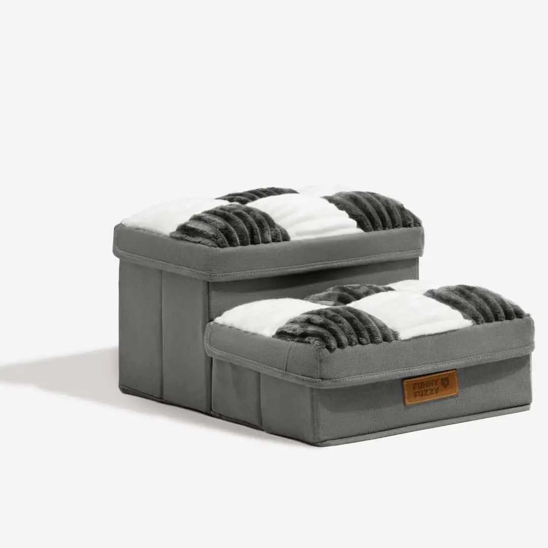 FunnyFuzzy Chessboard Plaid Handcrafted Dog Stairs with Storage Two Steps Gray