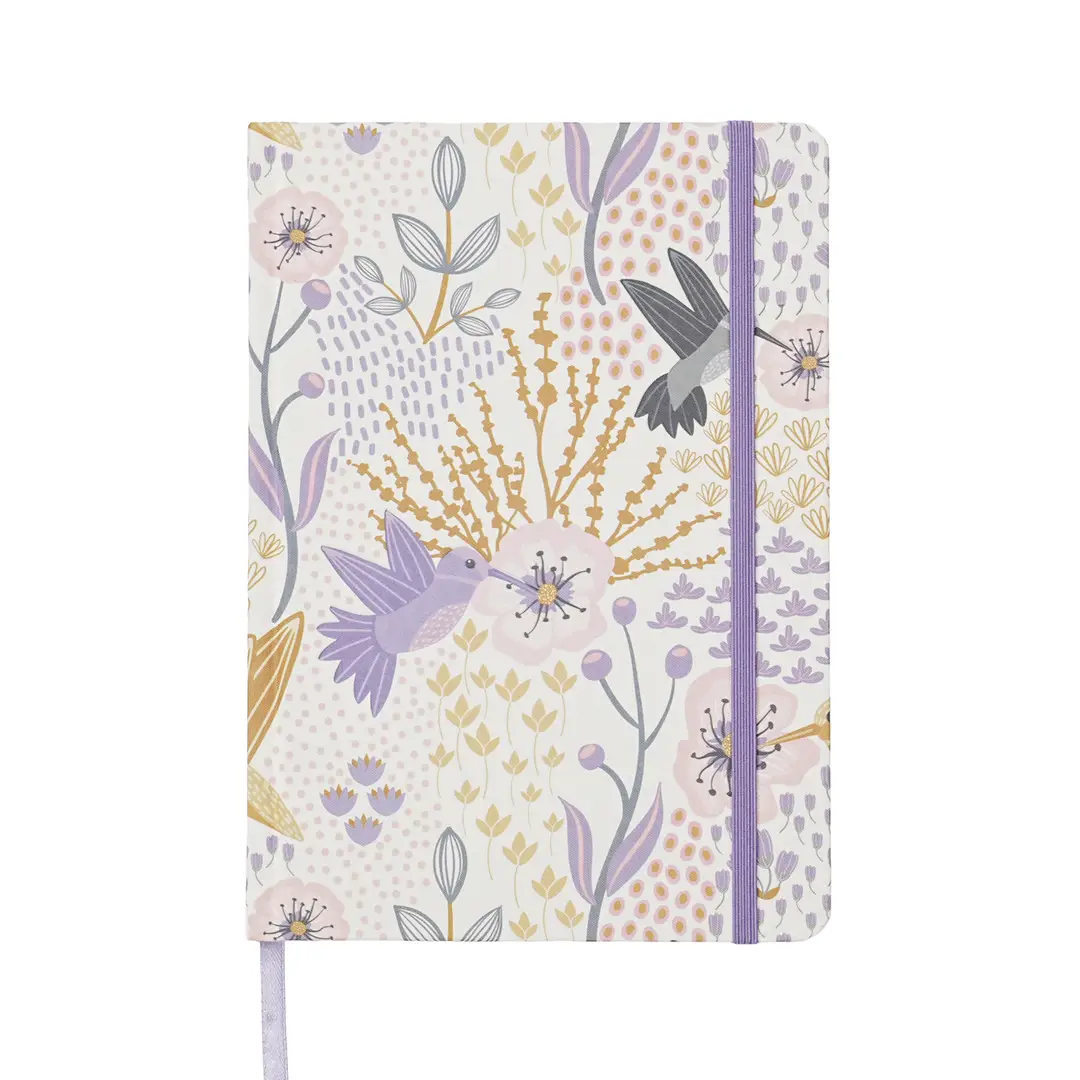 Jubiluu A5 Floral Fabric Hardcover Lined Notebook - 96 Sheets (100g offset paper), Bookmark & Elastic Band - Classic Cream Ruled Journal for Writing, School, Office, and Gifts-Lavender Flight