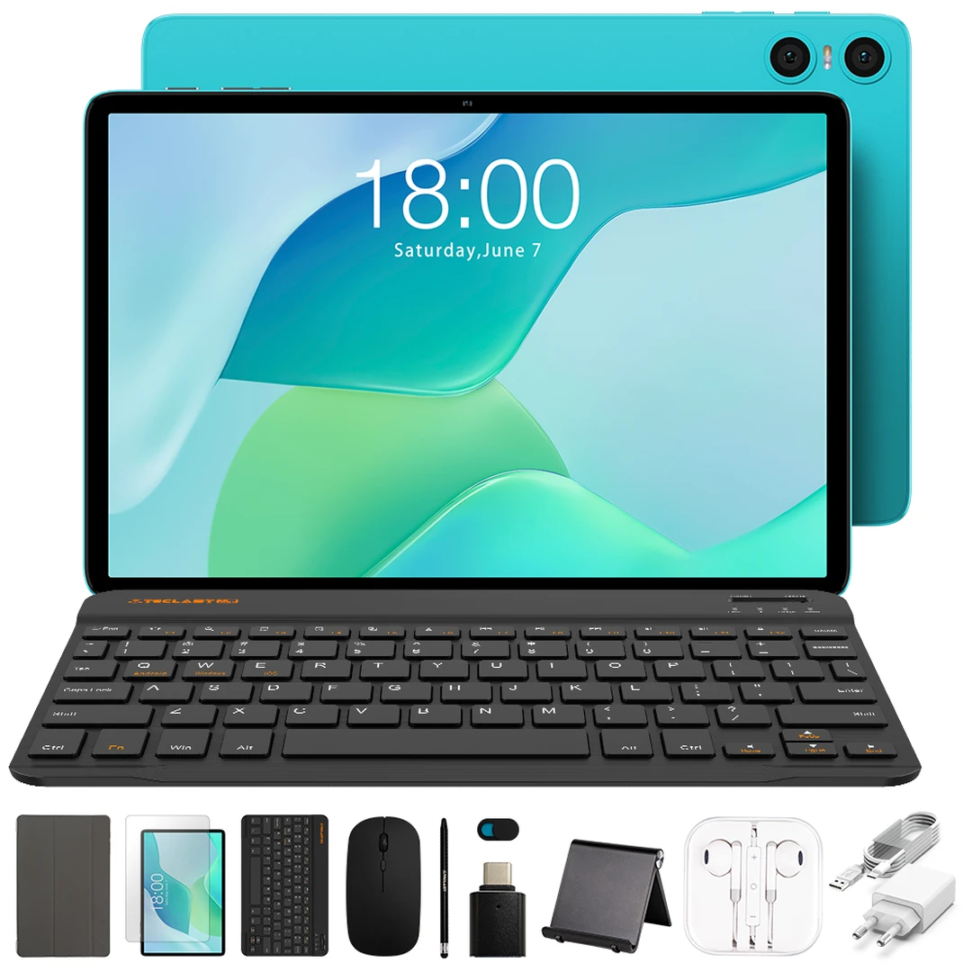 Teclast P33 Case New Tablet — Android 15, 10.1-inch IPS display with 1280×800 resolution, Allwinner A333 penta-core processor, 9GB* (3GB + 6GB virtual expansion) RAM + 64GB storage, WiFi connectivity, 6000mAh battery with Type-C charging, dual HD cameras (5MP rear + 2MP front). Includes tablet protective case, English Bluetooth keyboard, Bluetooth mouse, tablet stand, charger, data cable, stylus pen, earphones, OTG adapter cable, and camera privacy cover.