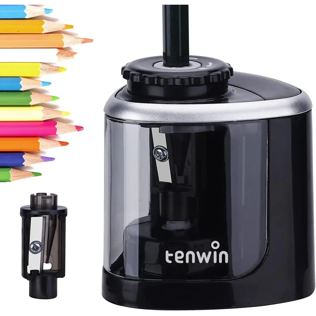 Tenwin Electric Automatic Pencil Sharpener with Durable Blade, Fast Sharpening, for No. 2/Colored Pencils (6-8 mm), Black