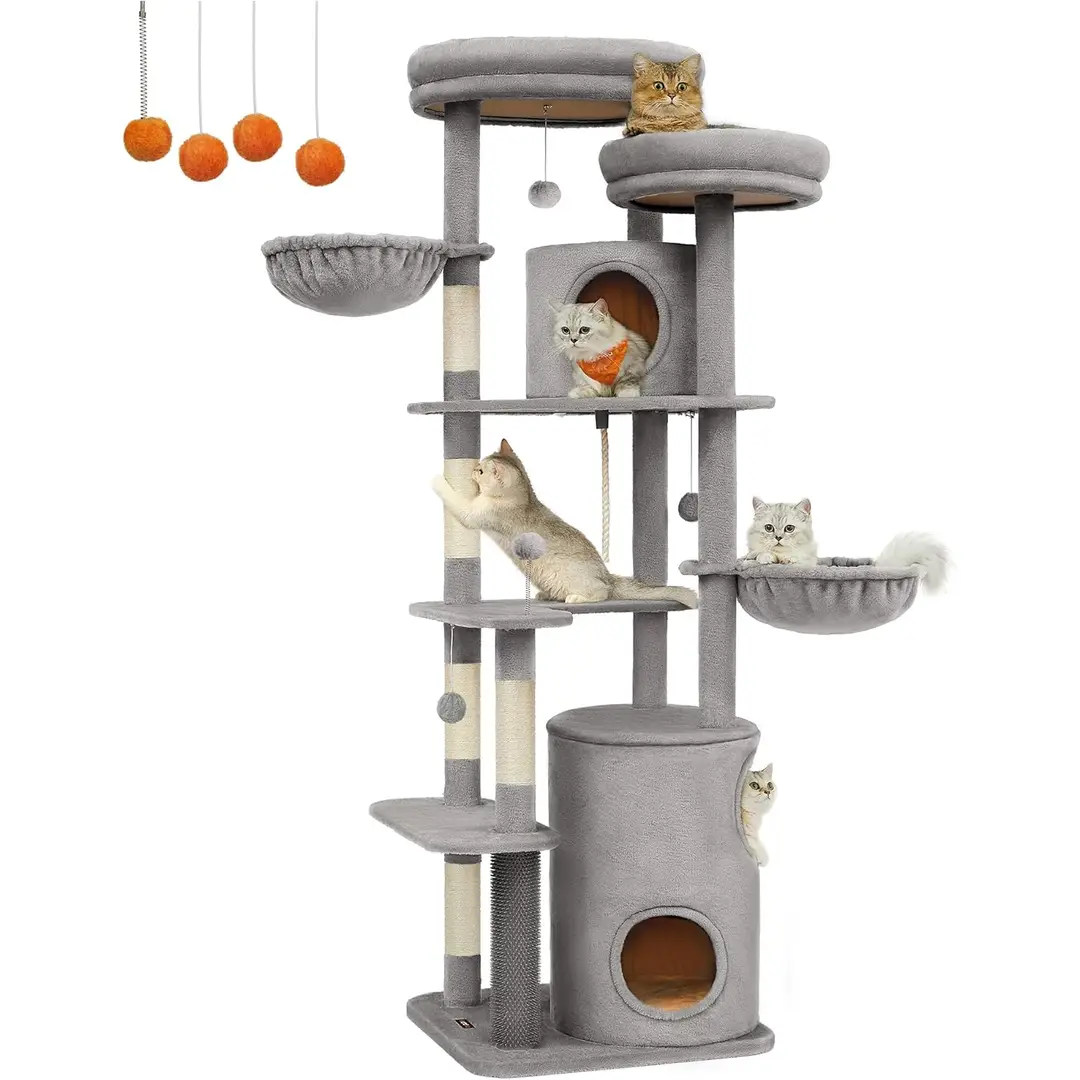 Feandrea PCT153W01 Arbre à chat XXL - 196 cm - avec 2 plateformes, 3 niches, 2 couchettes, 5 poteaux à griffer, 4 balles en peluche, tunnel et brosse, gris clair