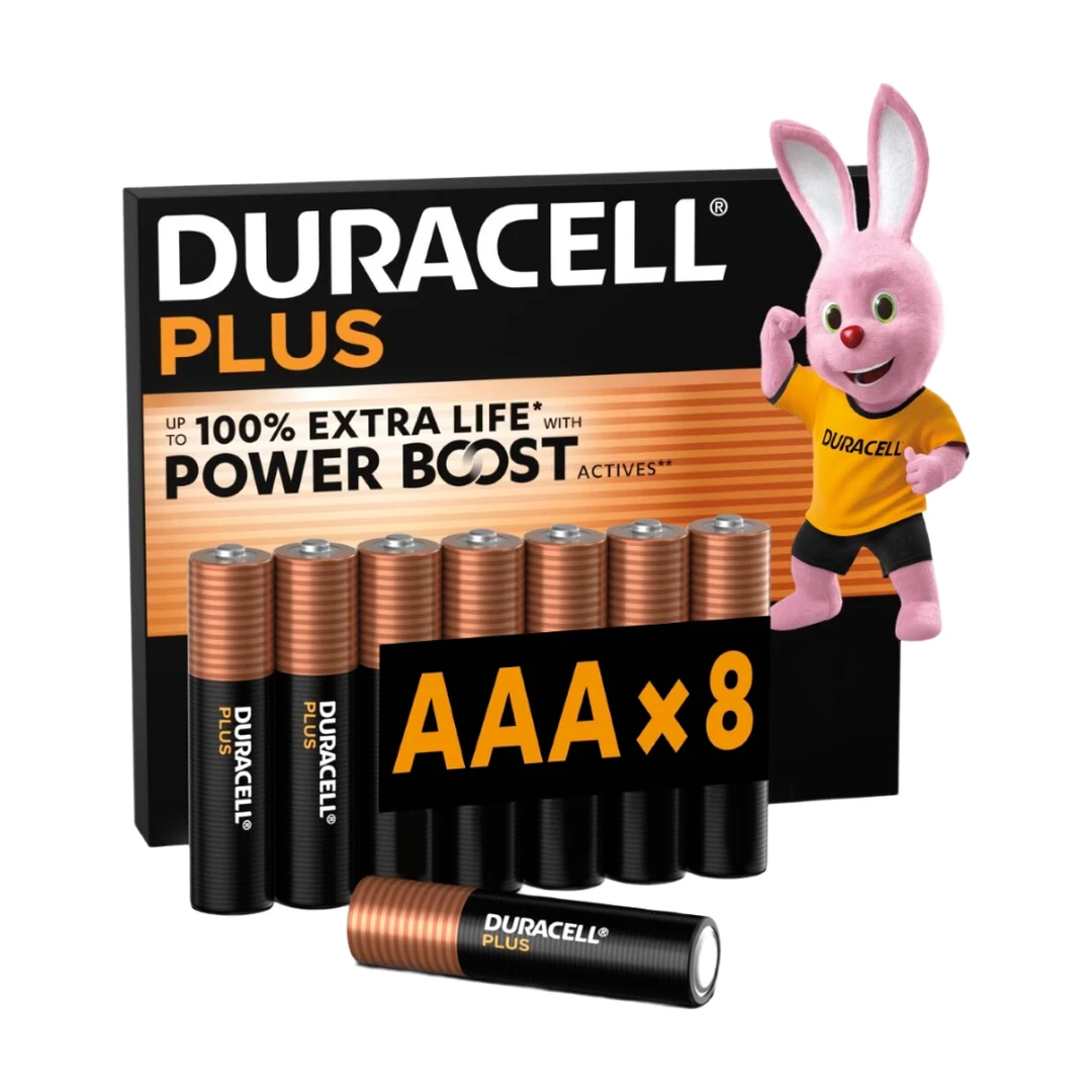 DURACELL Plus Piles AAA (Lot de 8) – Piles Alcalines 1,5 V – Durent jusqu’à 100 % plus longtemps* grâce aux Actifs POWER BOOST** – Fiable pour vos Appareils du Quotidien – Emballage 0 % Plastique – Conservation garantie 10 ans - LR03 MN2400