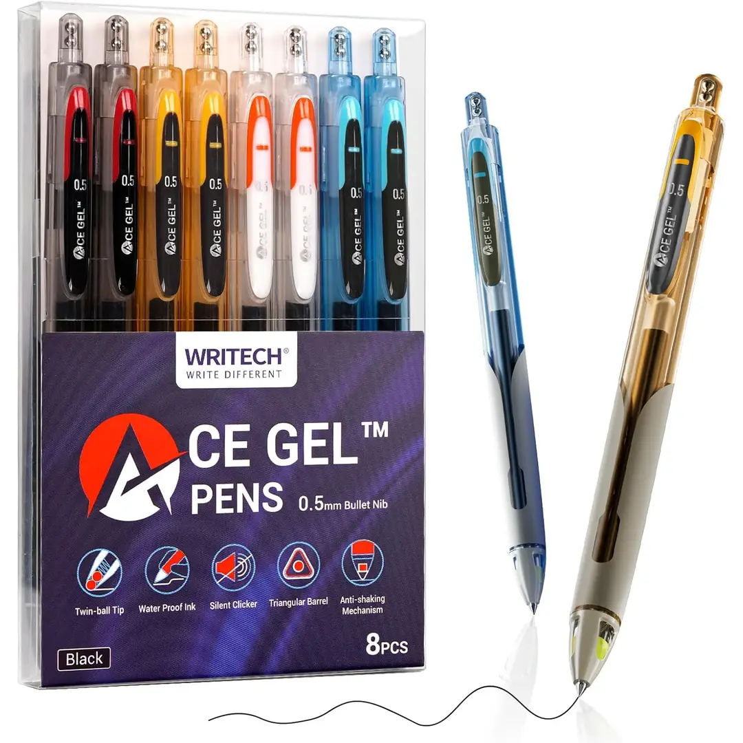 WRITECH Feinminen-Gelpennen: 0,5 mm Feinminen Schwarz 8 Stück Großes Volumen Leises Klicken Weiches Griffstück Schnell trocknend Gleiche Schreibweise Notizen machen Kein Durchschlagen & Verlaufen ACE Gel