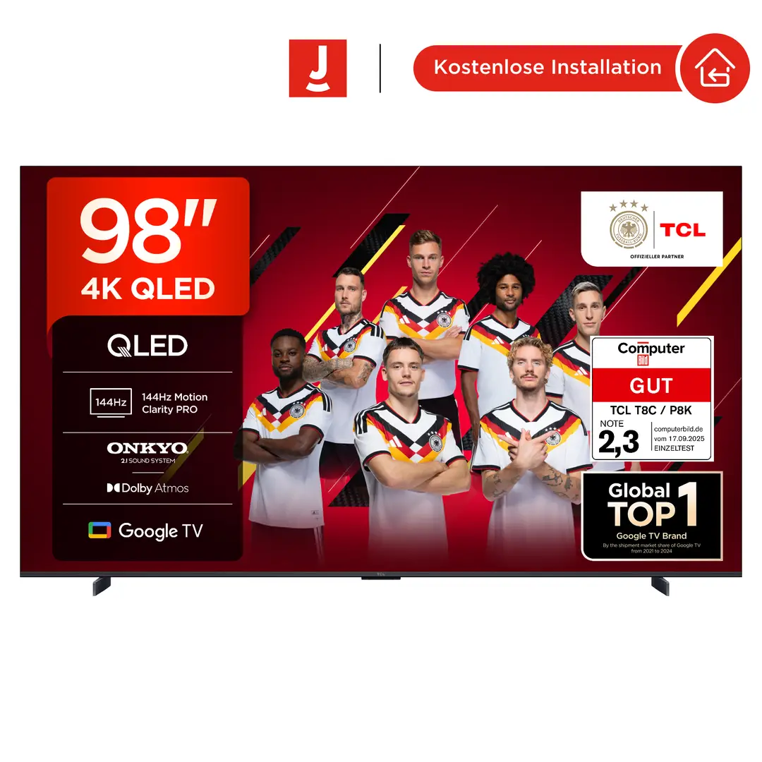 TCL 98T8C 98 Zoll QLED 4K HDR Ultra HD Fernseher, Smart TV mithilfe von Google TV (Dolby Vision Atmos, 144Hz Motion Clarity Pro, Game Bar, ALLM, FreeSync, Onkyo 2.1 Sound,Sprachsteuerung)