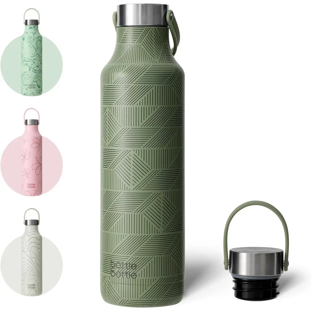 Bottle Bottle Gourde isotherme en acier inoxydable avec poignée, rayures vertes, 600 ml