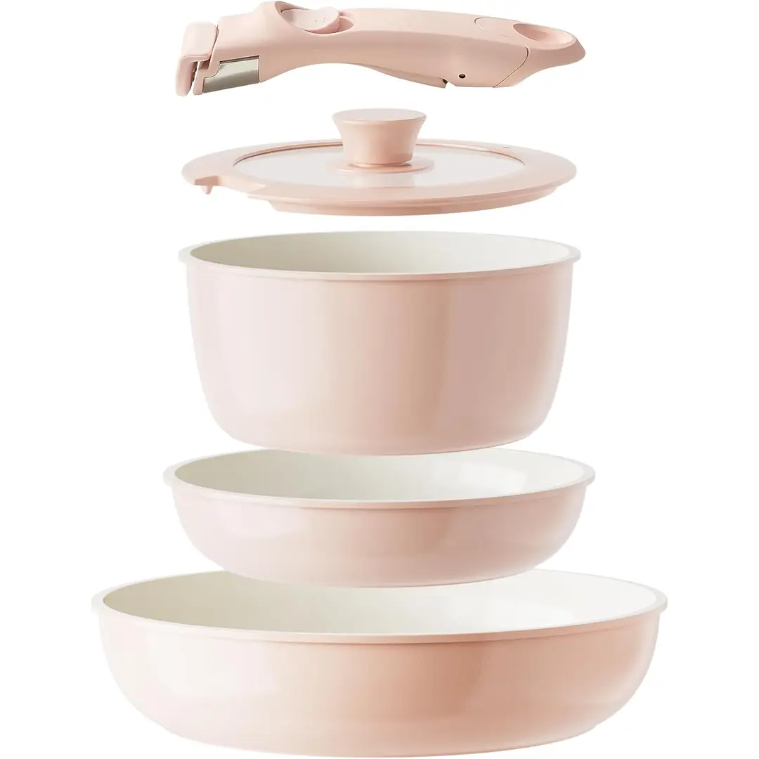 Redchef 5-teiliges Keramik-Kochgeschirr-Set, inklusive 20 cm Stielkasserolle mit Deckel und 20 cm/26 cm Bratpfannen, abnehmbarer Griff, PTFE/PFOA/PFAS-frei, spülmaschinengeeignet, außen pink, innen weiß