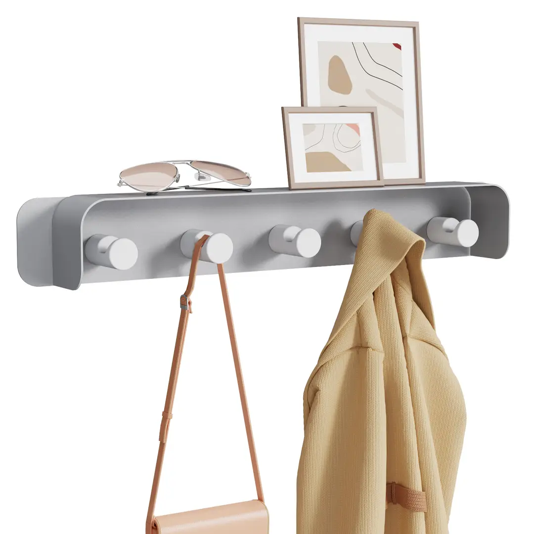 Kapanou Porte-manteau mural en aluminium avec étagère et 5 crochets en métal robustes - Gris
