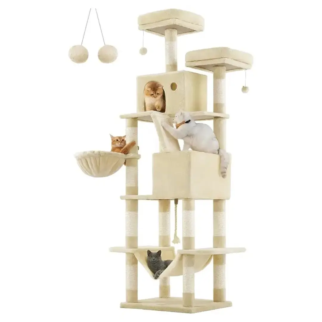 FEANDREA Grand arbre à chat - 13 poteaux, 2 plateformes, 2 cabanes, 1 hamac, niveaux multiples - Beige, 206 cm