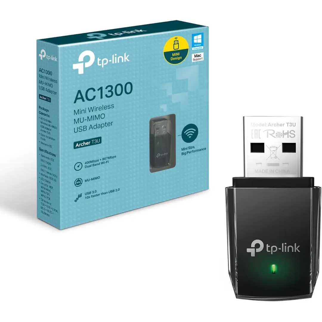 TP-Link Archer T3U AC1300 Dual-Band-WLAN-Adapter (867 Mbit/s (5 GHz), 400 Mbit/s (2,4 GHz), 802.11ac, USB 3.0, MU MIMO, unterstützt Windows 10/8.1/8/7/XP, Mac OS X), schwarz