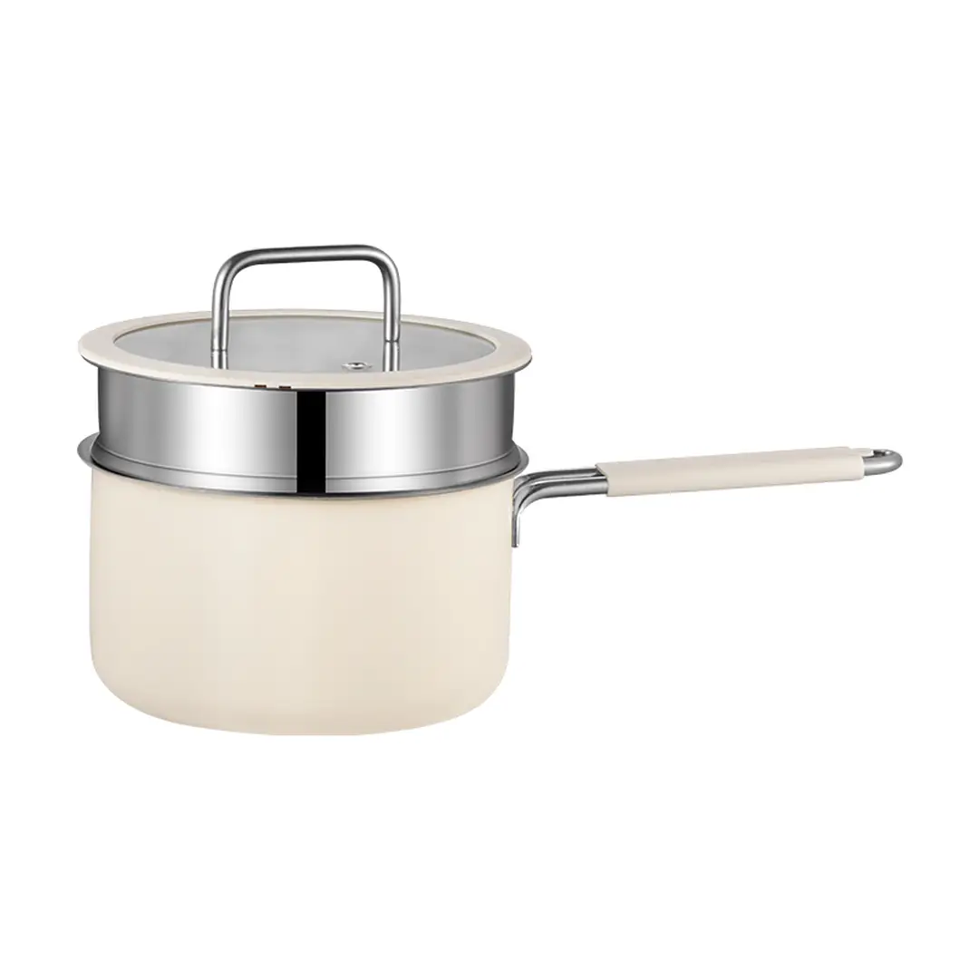PURECOOK Colored Ceramic-Coated 316 Stainless Steel 2-Piece Milk Pot with Steamer Insert Series | 316 Milk Pot (Exterior: Off-White Ceramic Coating, Interior: 316 Stainless Steel), Stainless Steel Handle Wrapped in Silicone, Earless Steamer Insert, with Silicone Glass Lid